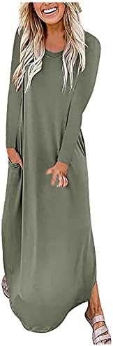 Жена есента рокля с дълъг ръкав и кръгло деколте, високи ниско подолом, ежедневни свободни дълги рокли midi, пуловер, туника, блуза