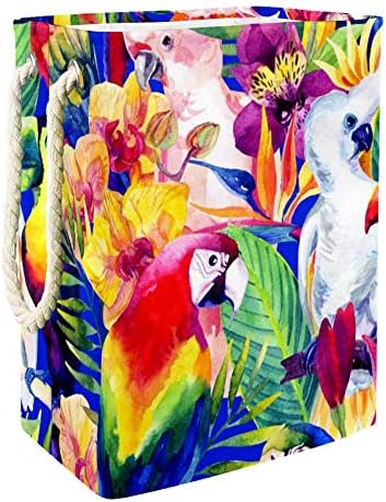 Inhomer Акварели Папагали с Шарките на Тропически цветя 300D Оксфорд PVC, Водоустойчив Кошница за Дрехи, Голяма Кошница за Дрехи за Одеяла Дрехи Играчки в Спалнята