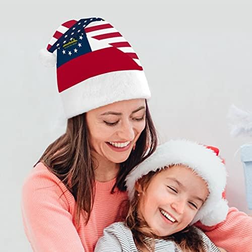 Флаг на САЩ и щата Джорджия (1) Коледна Шапка, Шапки на Дядо Коледа, Къси Плюшени Шапки с Бели Ръкавели за Мъже и Жени, Коледни Празнични Украси за Партита