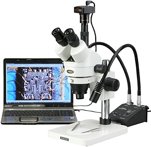 Професионален тринокулярный стереоскопичен увеличение на микроскопа AmScope SM-1TSY-L6W, окуляры WH10x, увеличаване на 7X-90X, обектив с увеличение от 0,7 X 4,5 X, led крушка с мощност 6 Вата с двойна гъши врата на