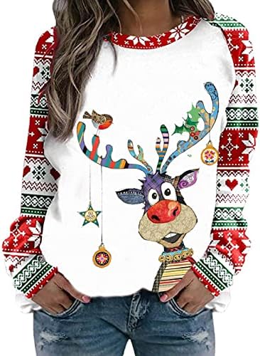 Грозен Коледен Пуловер за Жени, Забавен Сладък Коледен Пуловер с Принтом Елен, два цвята Ризи с дълъг ръкав и кръгло деколте