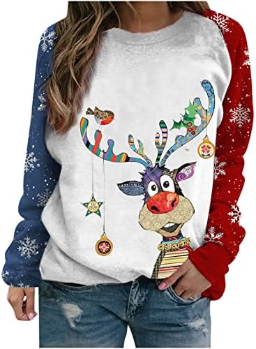 Грозен Коледен Пуловер за Жени, Забавен Сладък Коледен Пуловер с Принтом Елен, два цвята Ризи с дълъг ръкав и кръгло деколте