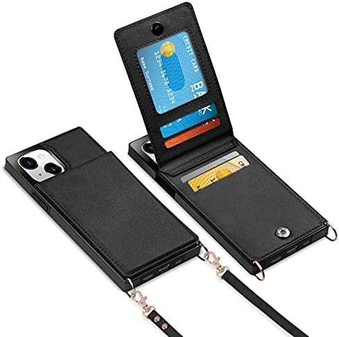 Vofolen е Съвместим с iPhone 13 Mini Case Чантата с Притежател на кредитна карта Каишка през рамото му Кожа Магнитна Закопчалка Поставка Сверхпрочный Защитен Квадратен Панти калъф за iPhone 13 Mini 5.4 Черен