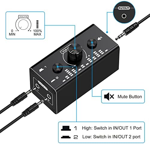 Преминаването на звука Двупосочни 2 порт и 3.5 мм AUX Ключа за слушалки, Кутия за избор на Стереозвука Ивица на звука Регулиране на силата на звука на Едно копче за изключване на звука (2 входа 1 изход / 1 вход 2 изход