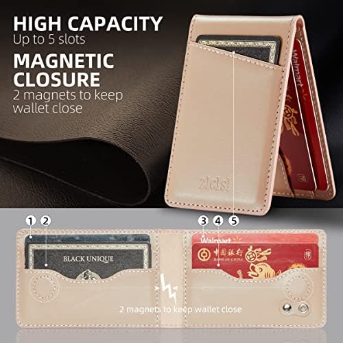 Сменяем Магнитен портфейл от естествена кожа ZICISI, Съвместим с портмоне Magsafe с притежателите на карти, RFID заключване и метален пръстен за iPhone 14/14 pro/14 pro max/ 14 plus /13/12 pro max, розов