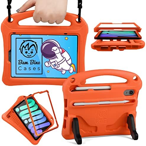 Скафандър Bam Bino за детски своята практика iPad Mini 6, калъф за iPad Mini 6-то поколение за деца | е Проектиран в Австралия, Направено за деца | Защита на екрана, Каишка, гнездо за молив, Дългогодишна пощенска реклама