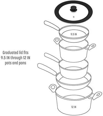 Универсална капачка Goodful за Тенджери, Тигани и Сотейников, От закалено Стъкло С товаро двойка, С Градуированным Силиконово Ръб, Подходящ За съдове от 9,5 до 12 инча, Замяна на Кутията, Голяма, Черна