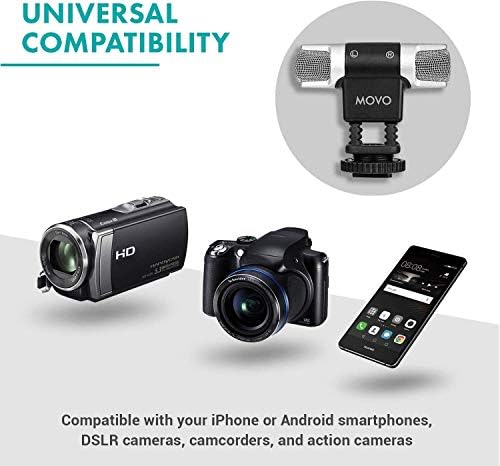 Универсален стереомикрофон Movo VXR3000 с поролоновыми и пухкави вятърни очила и калъф за пътуване - за смартфоните iPhone и Android, цифрови огледално-рефлексни фотоапарати Canon EOS, Nikon и екшън камери
