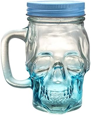 Стъклена Чаша за пиене Rockin Gear Mason Jar Skull 12 Мл с капак и дръжка - Най-Прозрачна Стъклена Чаша и банката за съхранение (Син 1)