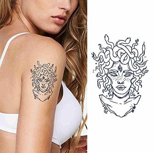 Dopetattoo 4 Листа с Продължителност от 1-2 Седмици, Мастила за Временна Татуировка Medusa, Полупостоянные за Възрастни, Дамски Татуировка Medusa в Тъмно Синьо, която Изглежда К