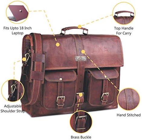 Мъжка Кожена чанта-месинджър HULSH 18 инча, Ретро Портфейл за лаптоп от Естествена Кожа Ръчно изработени, Компютърна bag-Чанта за офис Пътуване (кафяв)