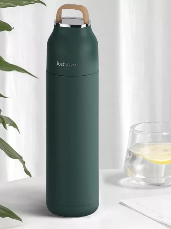 Бутилка за вода с вакуумна изолация от неръждаема стомана С дръжка капак - 500 мл - Модерен, Изчистен и Елегантен дизайн (Зелен)