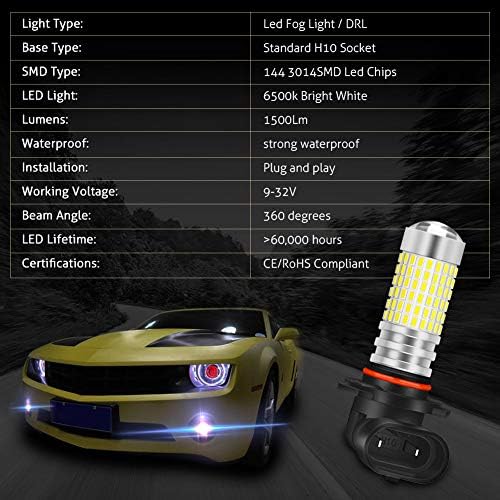 KATUR Изключително ярък 1500 Лумена 3014 144SMD CREE H10/9145/9140 Обектив DRL Фарове за мъгла Мигачи Крушки дневна светлина В 12-24 В Бяло 6000 К (2 бр.)