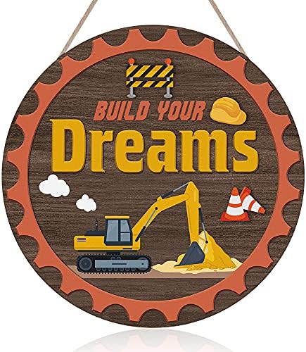 Окачен знак TOARTi Rustic Изграждане на мечтите си с Вдъхновяващ цитат (12 x 12), от Дървен Стенен Декор с участието на строителен камион от Анимационни, Детски Мотивирующий Знак на входната врата за Класната стая,