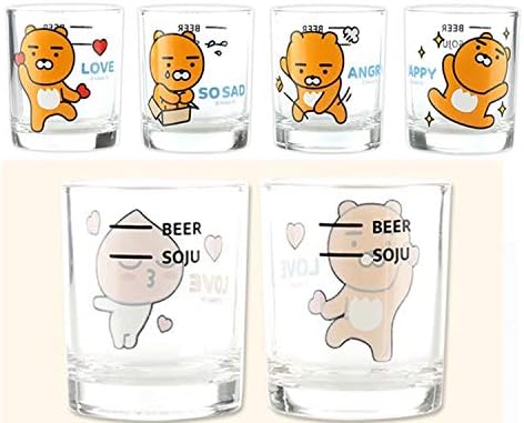 KAKAOFRIENDS Комплект от 4 Прозрачни чаши Imotion Soju за алкохолни напитки (soju glass 소주잔), Определени питиета Soju Character Glass, За партита, Прозрачни съдове, Които Могат да се Мият в миялна машина