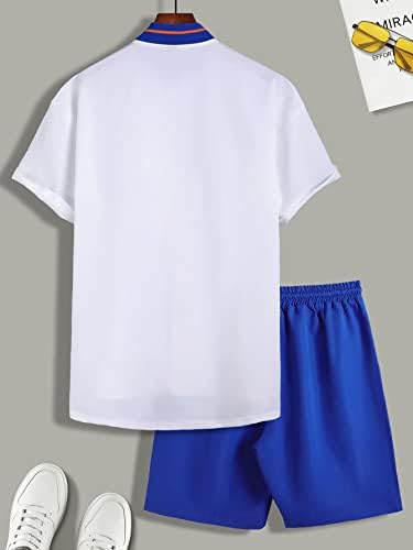 FIOXA/ Мъжки облекла от две части, бейзболна риза с писмото принтом и къси панталони с завязками на талията (Цвят: синьо и бяло Размер: X-Large)