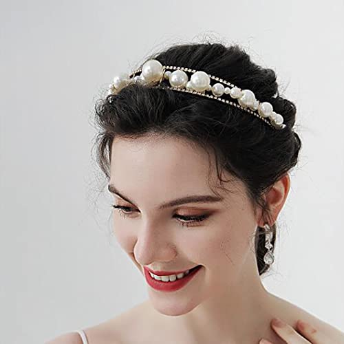 Urieo бяла изкуствена перла лента за глава блясък на злато, кристал колела за коса ламинирани ленти върху главата на сватбени партита Абитуриентски аксесоари за коса за жени