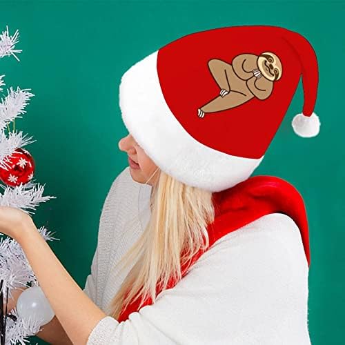Коледна шапка с участието на ленивца за йога, шапки на Дядо Коледа, къси плюшени шапки с бели ръкавели за мъже и жени, украса за коледното парти