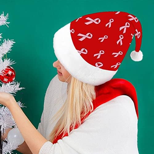 Коледна шапка с лента и пин от рак на млечната жлеза, шапки на Дядо Коледа, къси плюшени шапки с бели ръкавели за мъже и жени, украса за коледните празници и партита