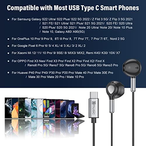 Слушалки Hmusic USB C, Магнитни Слушалки USB Type C, Жични Слушалки-втулки с регулатор на силата на звука микрофон, Съвместим с Samsung Galaxy S22 S21 S20 FE22/ Pixel 6 5 4 3XL/ Xiaomi 12/11