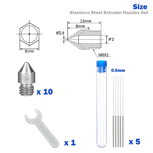 Комплект Дюзи за Екструдер от неръждаема Стомана за 3D-принтер Lokkr, 10 бр. Дюзи MK8 от неръждаема Стомана 0,4 мм, 5 бр. Игли за почистване на дюзи 0,4 мм с ключ за Makerbot Creality CR-10/На 3/3 V2/3 S1/5 Prusa i3