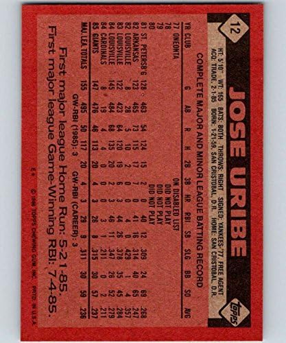 1986 Topps Baseball 12 Хосе Урибе Сан Франциско Джайентс Официалната търговска картичка MLB (използва се снимка, с канализация, гаранция NM или по-добър)