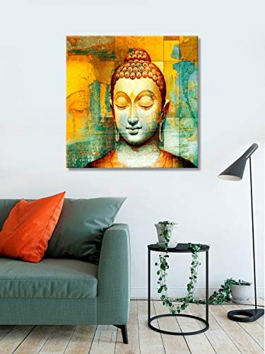 999Store Стенни живопис на Буда, Без рамка в Черно и жълто и Небесносиньо-сини цветове (Canvas_24X24 инча) LP3636001