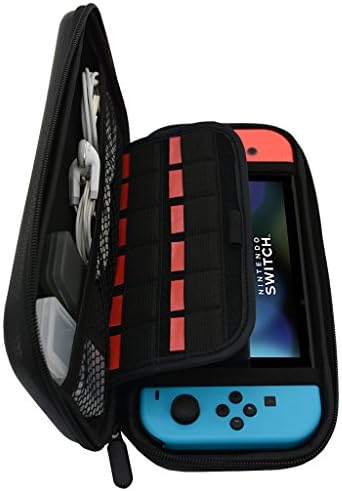 Луксозен калъф от изкуствена кожа за Nintendo Switch, твърд защитен калъф Kandouren с панти капак, калъф-чанта за каботажните конзола на Nintendo Switch 2017 и аксесоари с 2 джапанки-притежатели, удобен за екрана, черен.