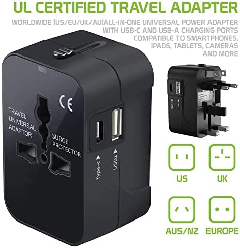 Международен захранващ адаптер USB Travel Plus, съвместима с BLU Life One, осигурява храна по целия свят за 3 устройства USB TypeC, USB-A за пътуване между САЩ /ЕС /AUS/NZ/UK / КН (черен)