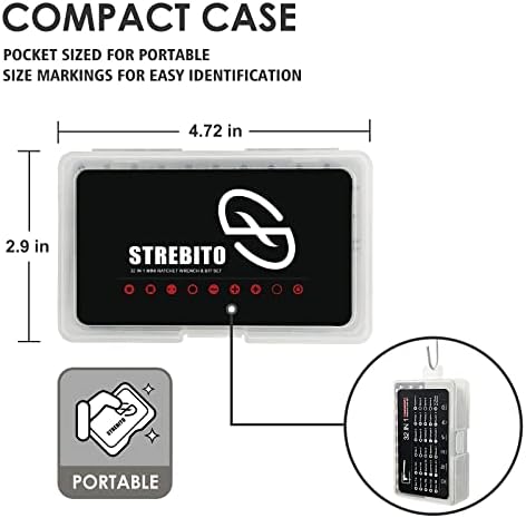 Ъглова Отвертка STREBITO от 32 теми с мини-храповиком 1/4 инча, нисък профил Отвертка с Офсетов, Набор от бита с храповым ключът на 72 Зъба, Къса Отвертка с механизма на палеца на 90 градуса за по-малки пространства