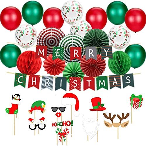 Набор от декоративни елементи за Коледно парти - комплектът включва Хартиени фенове с Коледен банер, мобилни топки, Подпори за коледното фотобудки, балони, Конфети, червено-Зелени Латекс балони, венец за вътрешния офис,