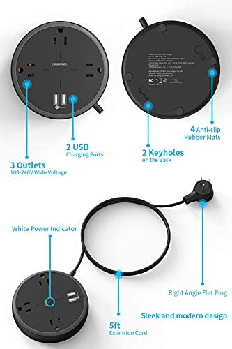 NTONPOWER Широко Spaced Комплект подложки за хранене, 3 Гнезда, 2 USB Компактни подложки за хранене с дължина 10 метра, 5 метра, с Правоъгълна щекер за офиса, дома, Прикроватной нощни шкафчета, стоки от първа необходимост