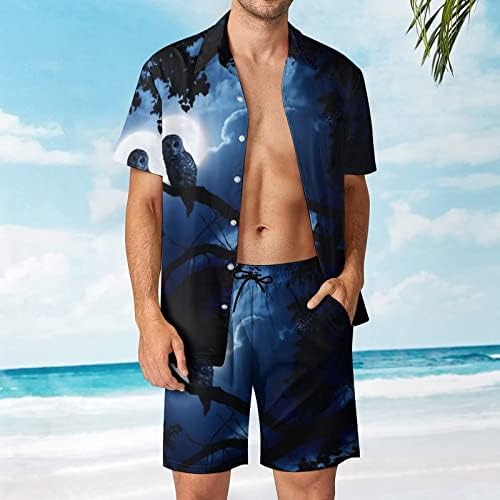 Мъжки плажни дрехи от 2 теми, Хавайска Риза с копчета, Комплекти с къс ръкав, Бухал с Зарешеченным котка, в Синята Лунна светлина
