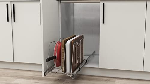 Прибиращ органайзер за дъска за табла, форми за печене и тавата - Подвижни полици за кухненски шкаф - (11 W x 22D x 11.8 инча, Хром)