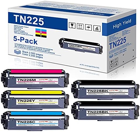 Преносимото тонер касета TN 225 от 5 опаковки (2BK + 1В + 1M + 1Y) за цветен принтер Brother TN225 TN-225 MFC-9130CW HL-3140CW HL-3170CDW HL-3180CDW MFC-9330CDW MFC-9340CDW
