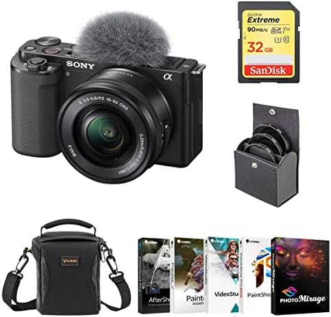 Беззеркальная камера Sony ZV-E10, с обектив 16-50 мм, Черен комплект със софтуер за редактиране на снимки и клипове на вашия КОМПЮТЪР, памет SD карта с обем 32 GB, чанта през рамо, комплект филтри с диаметър около 40.5