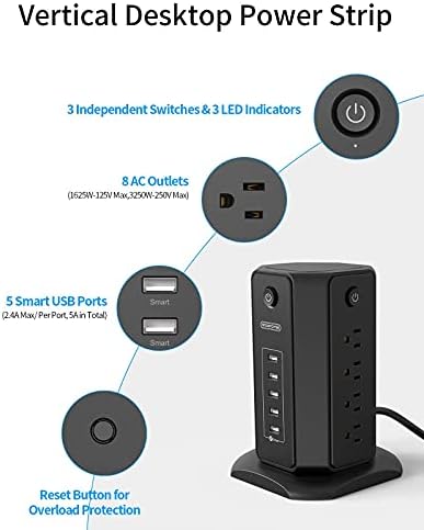 Power Strip Tower - Удължител NTONPOWER с дължина 10 метра с плосък вилица, Защита от пренапрежение, 8 Контакти, 5 Настолни зарядни станции USB, Управление на индивидуални ключове, 1080 Дж, Автоматичен прекъсвач за