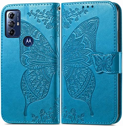 Чанта-портфейл за Motorola Moto G Play 2023, Защитен Калъф За вашия телефон от Изкуствена кожа с панти капак, Каишка за Китката, Отделение за карти, Титуляр, Джоб с Релефни, Калъф-поставка с пеперуда и цвете за Motorola