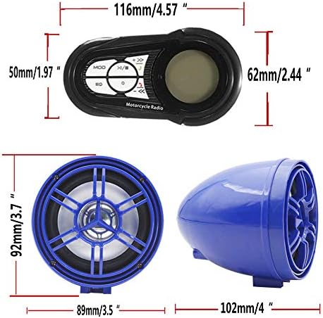 XYC Професионален Водоустойчив усилвател Bluetooth 12 В 3-инчов Говорител за мотор ATV UTV Мотоциклет TF USB MP3 плейър с FM радио (Черен усилвател, със сини тонколони)