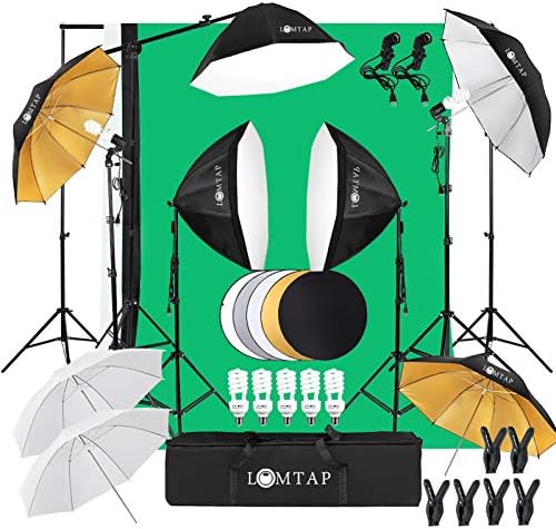 Поставка за фон LOMTAP Комплект Осветление за Фотография с Зелен екран 3 Софтбокса 5 Чадъри за Снимане 5 в 1 Рефлектор Аксесоари за Оборудването на Студийно осветление Партита