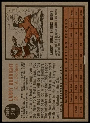 1962 Topps 348 Лари Беррайт Лос Анджелис Доджърс (Бейзбол карта) ДОБРИ Доджърс