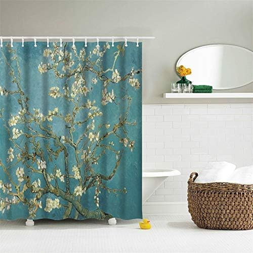 Завеса за душ IcosaMro Van Gogh за баня с куки, Цветя Бадеми, Дълга Декоративна Тъкан, Тъканта Завеса за Душ, Украса за баня - 71Wx72L, Зелен