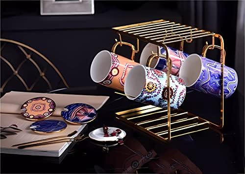 Комплект от 4 Порцеланови чаши Кафе на FIGHVER 13,5 грама, Ретро Елегантен Керамични Кафе в комплект с капак и Лъжица, Чаена Чаша с Изображение, в марокански стил за приготвяне на капучино и лате, Уникални подаръци