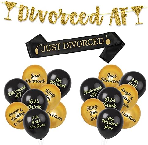Декор за парти в чест на развода - Комплект от 18 теми Включва: Златен банер Разведени AF, 16 Забавни балони за разведени, зона Току-що разведен | Продукти за декор за жен