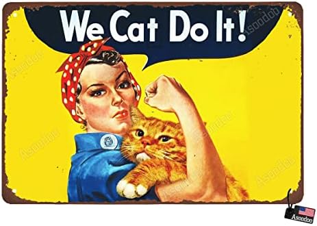 Плакат С момиче и Котка - Женски Метален Ретро Стенен Декор, Реколта Лидице Знак - можем да Го направим - Срещу военното Изкуство 8x12 см