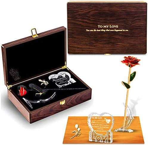 Сватбата на Жена Си Приятелка - Романтична Дървена Подаръчен Комплект с Гравиране, Сватба, за да му Съпруга, Червена Роза, Кристално Сърце с надпис на Моята любов