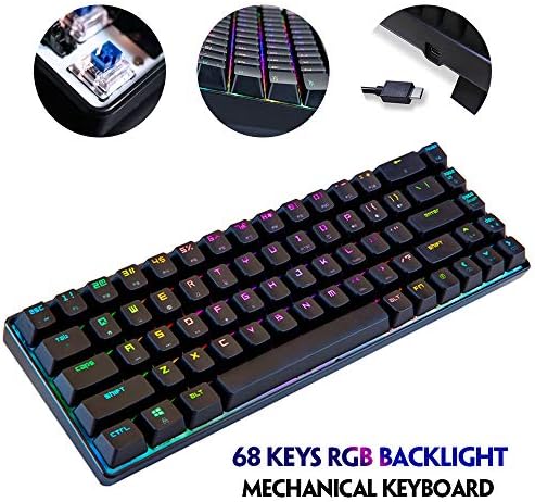 Преносима Игрова Ръчна RGB Клавиатура USB Type C 68 Клавишите със защита от отблясъците 60% RGB Механична Клавиатура за преносими КОМПЮТРИ (Синьо-Червено-Кафяв Ключ) (Синия ключ)