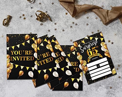 Покани за парти в чест на 65-та годишнина с изненада В пликове (20 пакети) | Черно-Златни Покани Картички с размер 4 x 6 инча За рожден Ден | Покани под формата На Конфети-ленти На парти