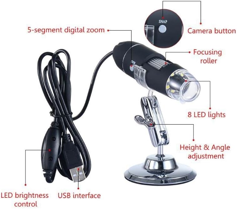 Комплект Аксесоари за Микроскоп за Възрастни 1600X USB Цифров Микроскоп, Камера 8LED Лупа със Стойка Лабораторни Консумативи