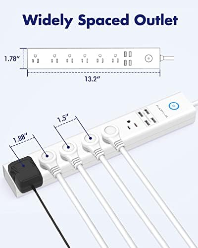 Мрежов филтър с плоска вилица от 2 теми, 6 са широко разделени контакти, 4 USB порта за зареждане, 2100J/10A с удлинителем дължина от 6 фута, защита от пренапрежение, монтиране на стена за вашия домашен офис